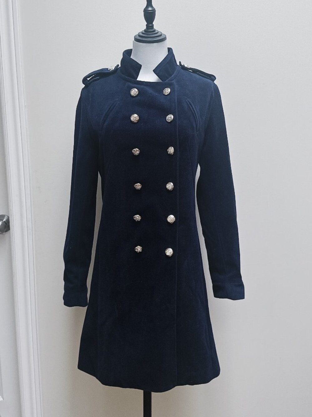 NWT Dark Navy Blue Velvet Military Style Double Breasted Coat Jacket ✨